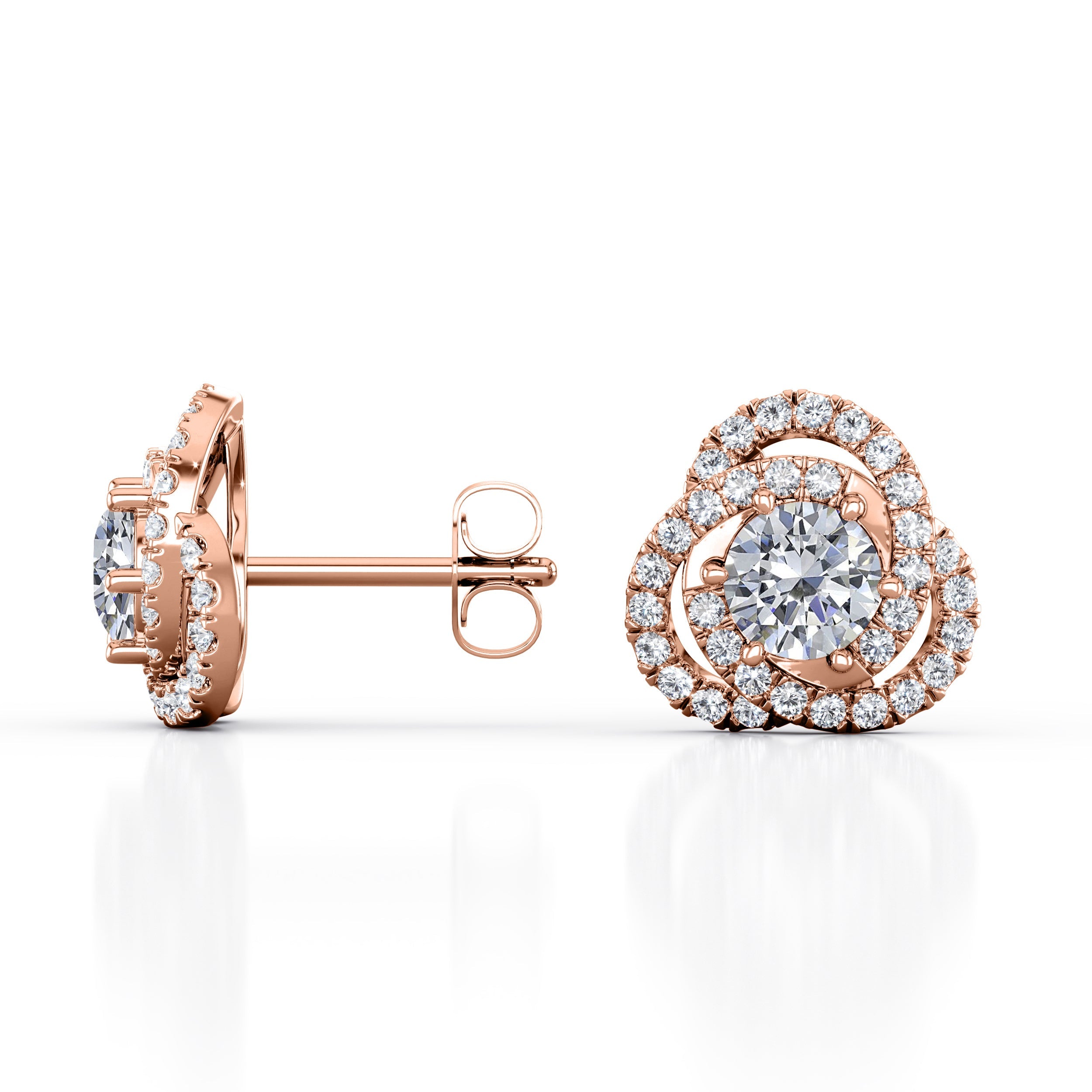 Flower Knot 0.70 Carat Round Cut Certified Moissanite and Diamond French Pave Ear Studs in Rose Gold