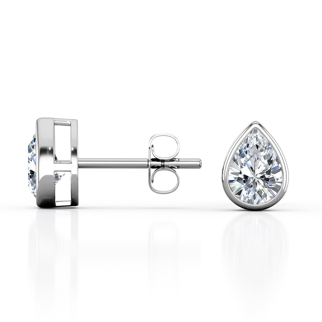 JeenMata Bezel Set 1 Carat Pear Shaped Moissanite Solitaire Stud Earrings In 18K White Gold Plating Over Silver