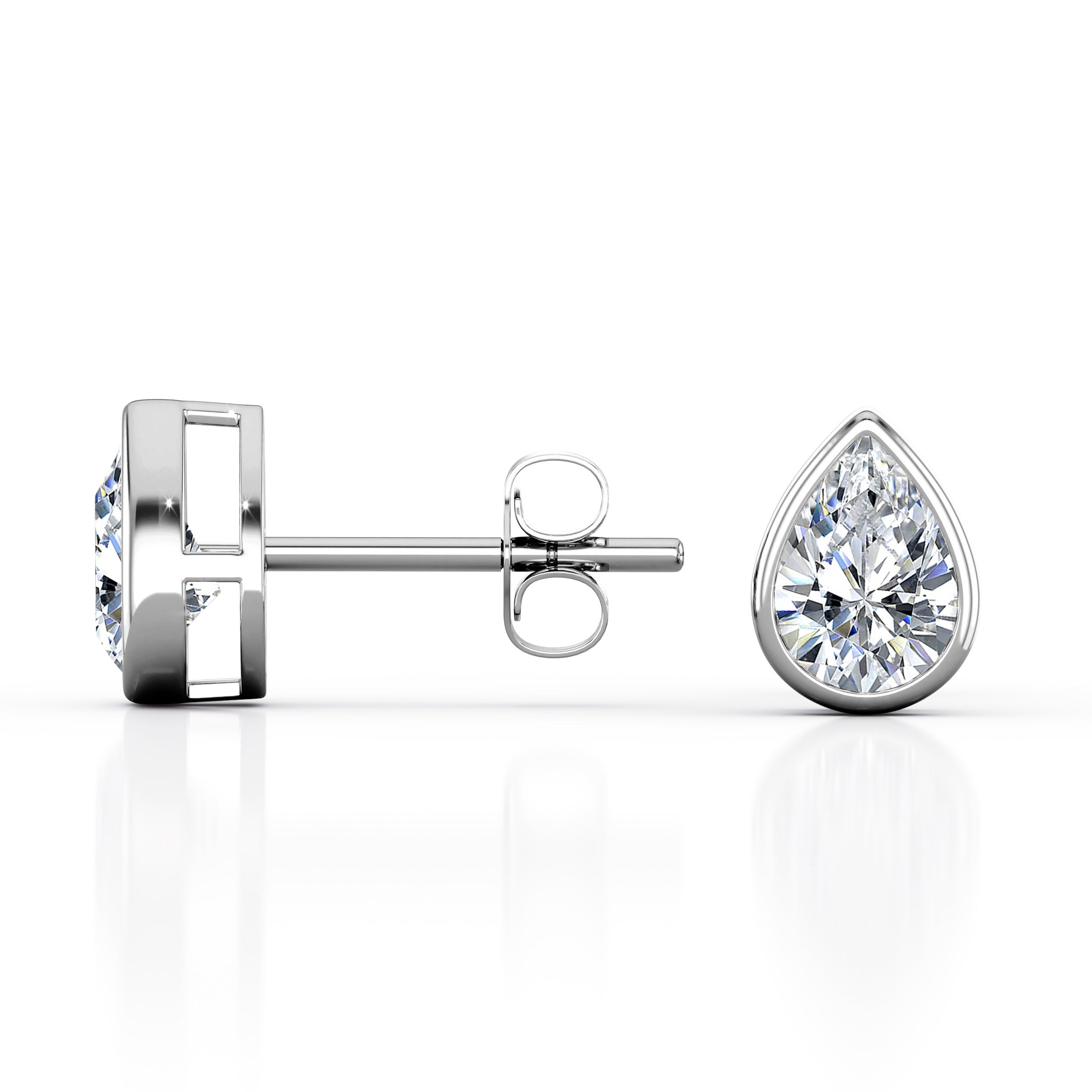 JeenMata Bezel Set 1 Carat Pear Shaped Moissanite Solitaire Stud Earrings In 18K White Gold Plating Over Silver