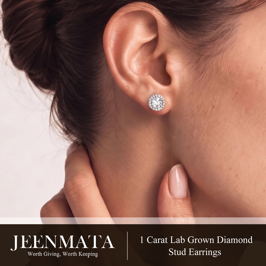 JeenMata Lab Grown Diamond 1 Carat Round Brilliant Cut Halo Stud Earrings in 18K White Gold Plating for Women