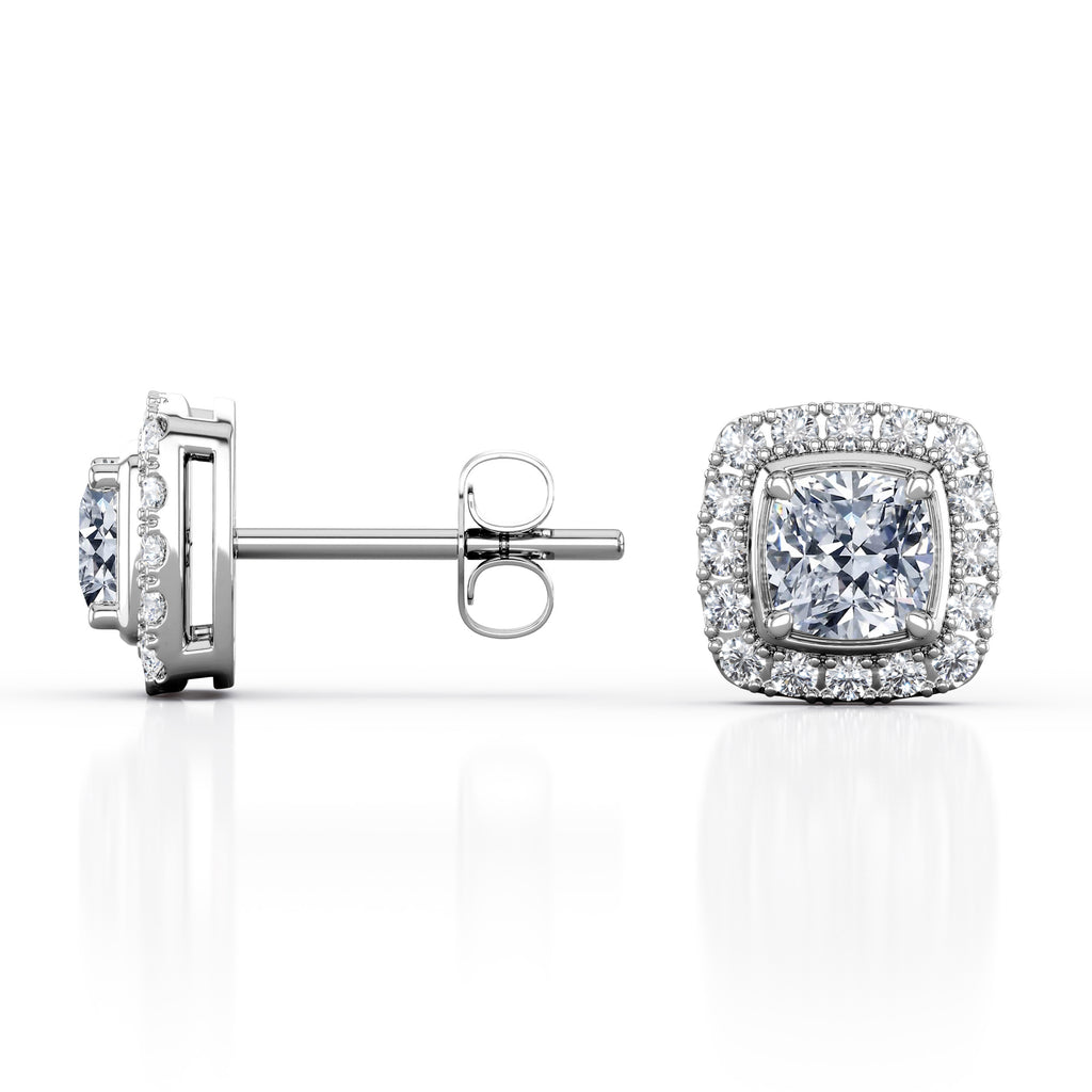JeenMata 4 Prong Setting - 1.1 Carat Cushion Cut Moissanite Halo Cluster Stud Earrings - 18K White Gold Plating over Silver