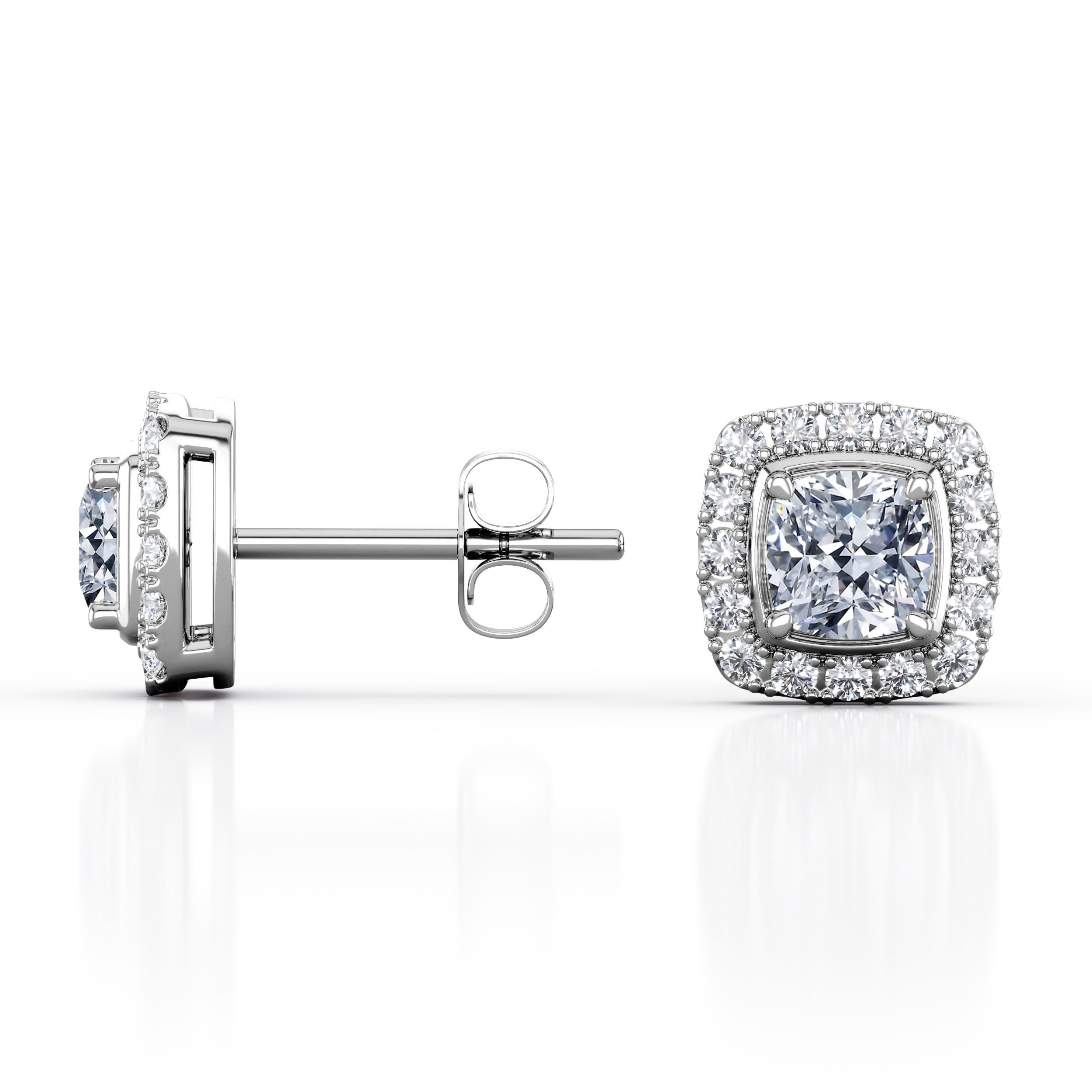 JeenMata 4 Prong Setting - 1.1 Carat Cushion Cut Moissanite Halo Cluster Stud Earrings - 18K White Gold Plating over Silver