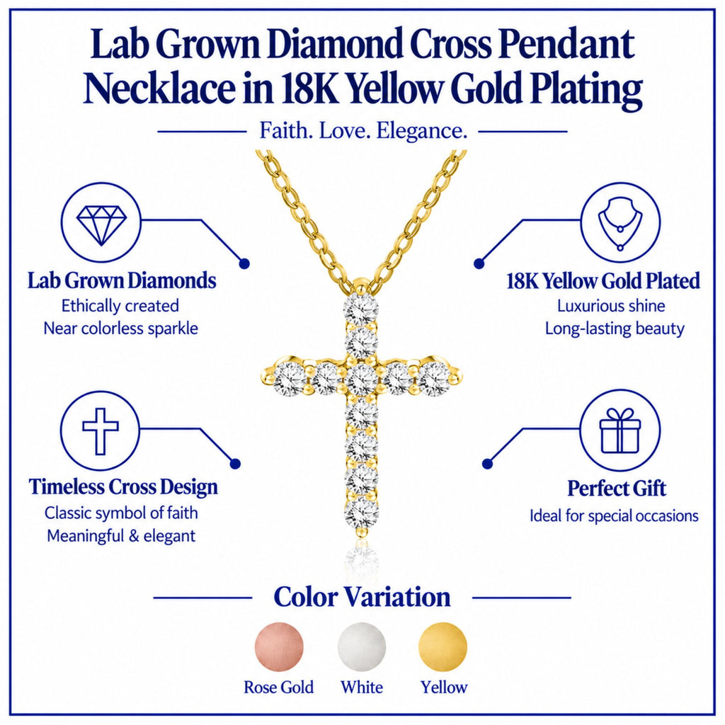 JeenMata Lab Grown Diamond Cross Pendant Necklace in 18K Yellow Gold Plating for Women