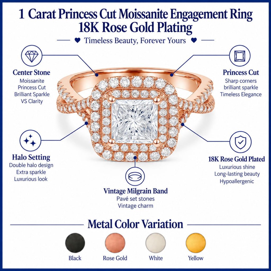 JeenMata 1 Carat Princess Cut Moissanite Engagement Ring - Bridal Set - Double Halo Ring - Cluster Ring - 18k Rose Gold Plated for Women