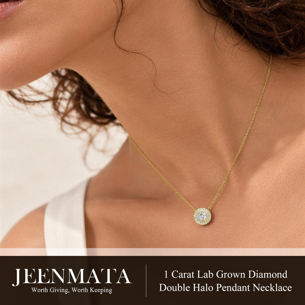 JeenMata Lab Grown Diamond 1 Carat Round Cut Double Halo Pendant Necklace in 18K Yellow Gold Plating for Women