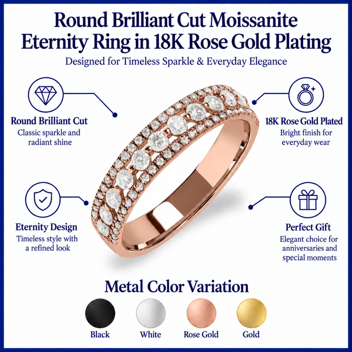 JeenMata Double Pave - 0.75 Carat Round Brilliant Cut Moissanite - Eternity Anniversary Ring - 18K Rose Gold Plating for Women