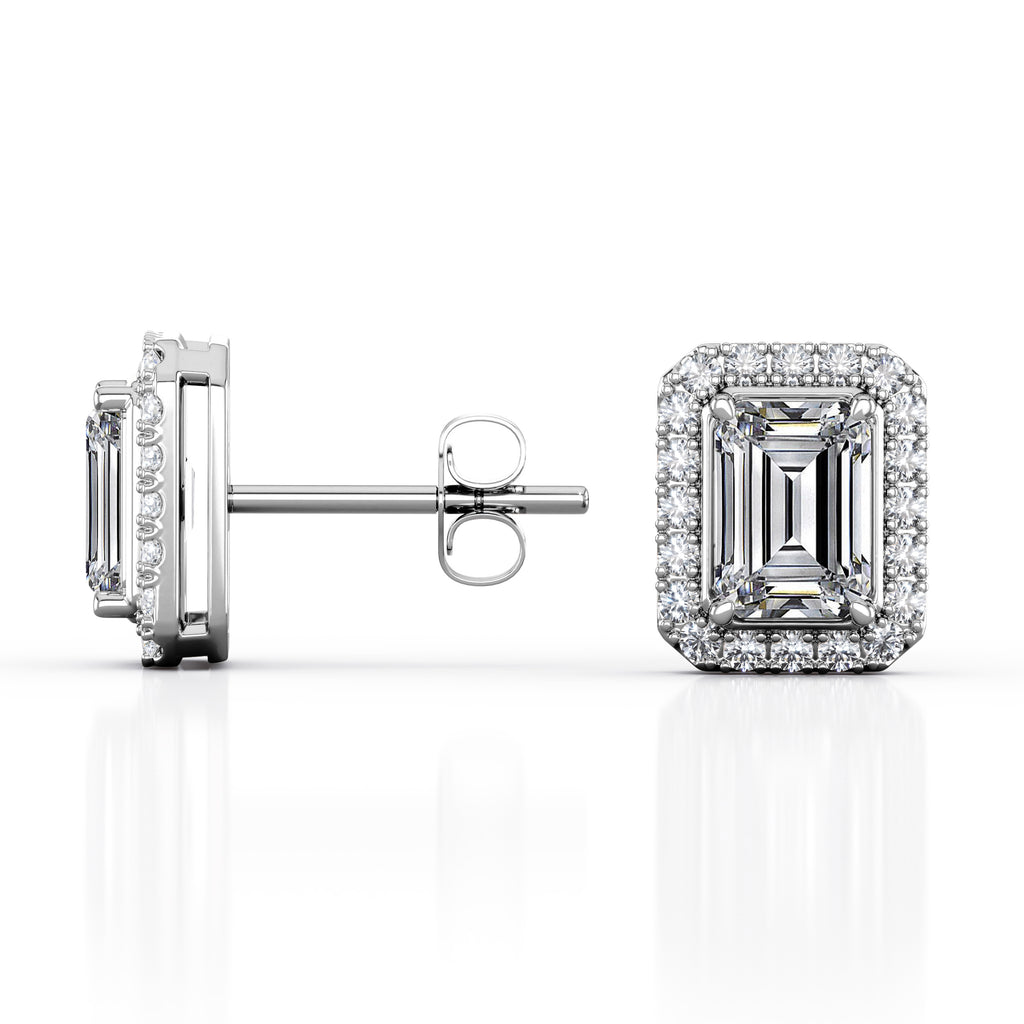 JeenMata Halo Cluster 1.1 Carat Emerald Cut Moissanite 4 Prong Set Stud Earrings in 18K White Gold Plating over Silver