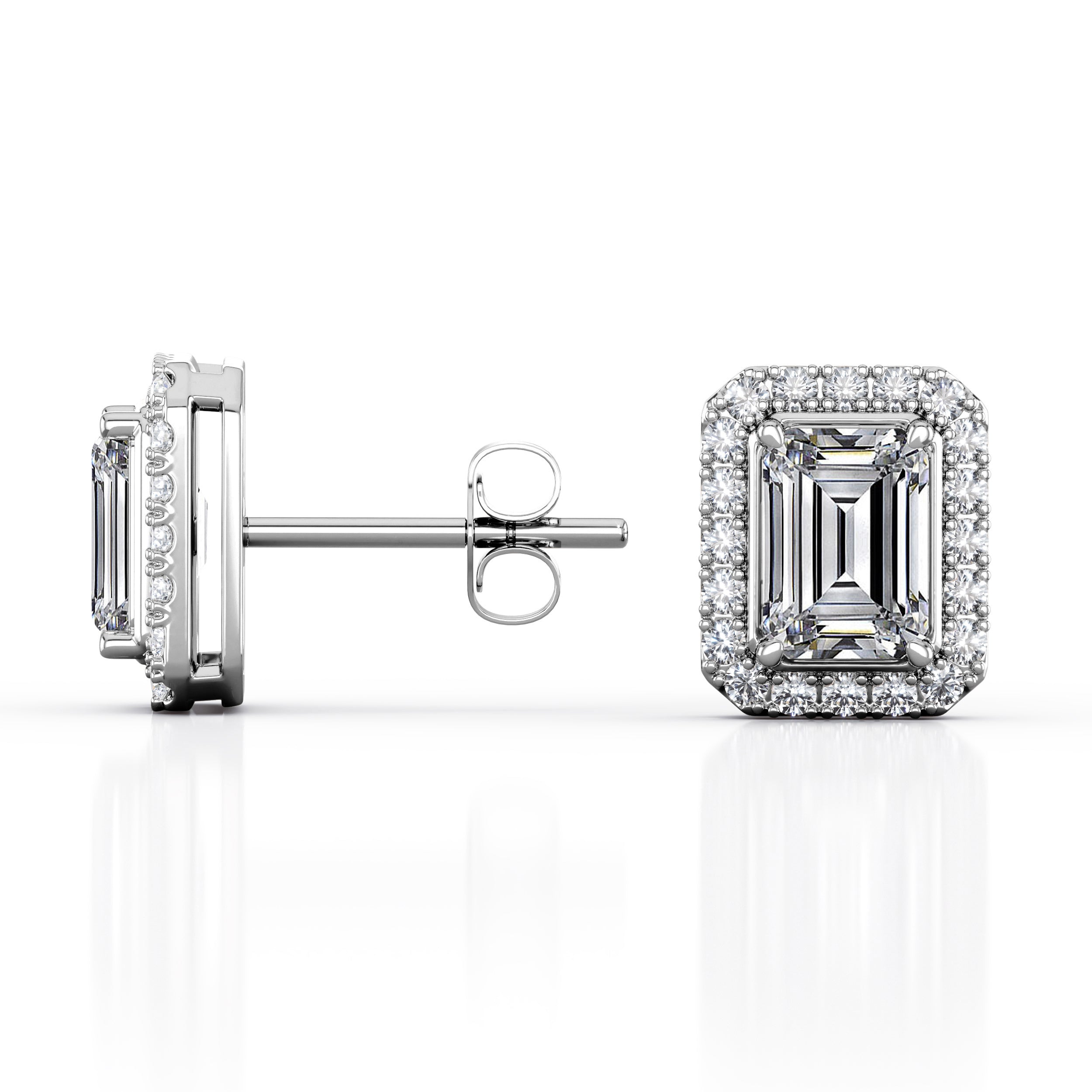JeenMata Halo Cluster 1.1 Carat Emerald Cut Moissanite 4 Prong Set Stud Earrings in 18K White Gold Plating over Silver