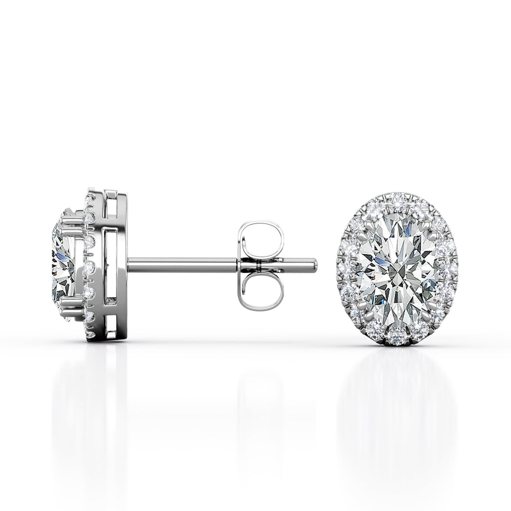 Basket Prong 1.25 Carat Oval Cut Certified Moissanite and Diamond Halo Pave Stud Earrings in Rose Gold