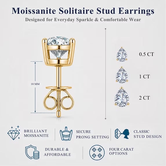 JeenMata 0.5 Carat Pear Solitaire Moissanite Stud Earrings for Women, Earrings for Men, 18K Yellow Gold Plated, Hypoallergenic Earrings, D VS1, Stud Earring for Woman, Jewelry, Gift, Earrings
