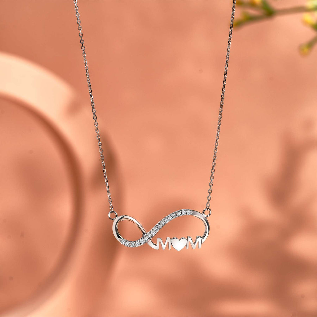 JeenMata Infinity Mom Moissanite Pendant Necklace in 18K White Gold over Silver