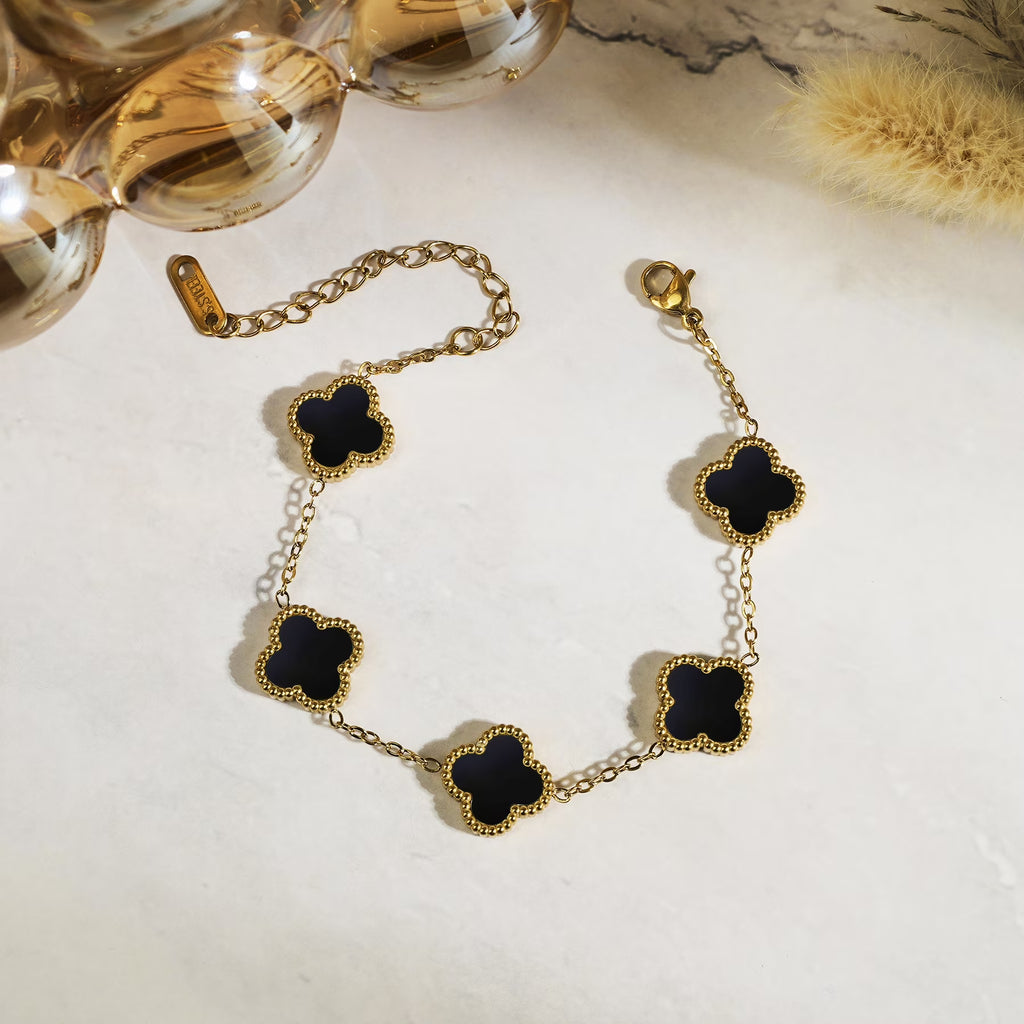 JeenMata Black Flower Link Bracelet in Yellow Gold Plated