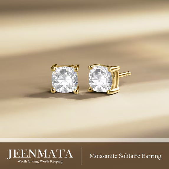 JeenMata 2 Carat Cushion Cut Moissanite 4 Prong Solitaire Stud Earrings in 18k Yellow Gold Plating for Women