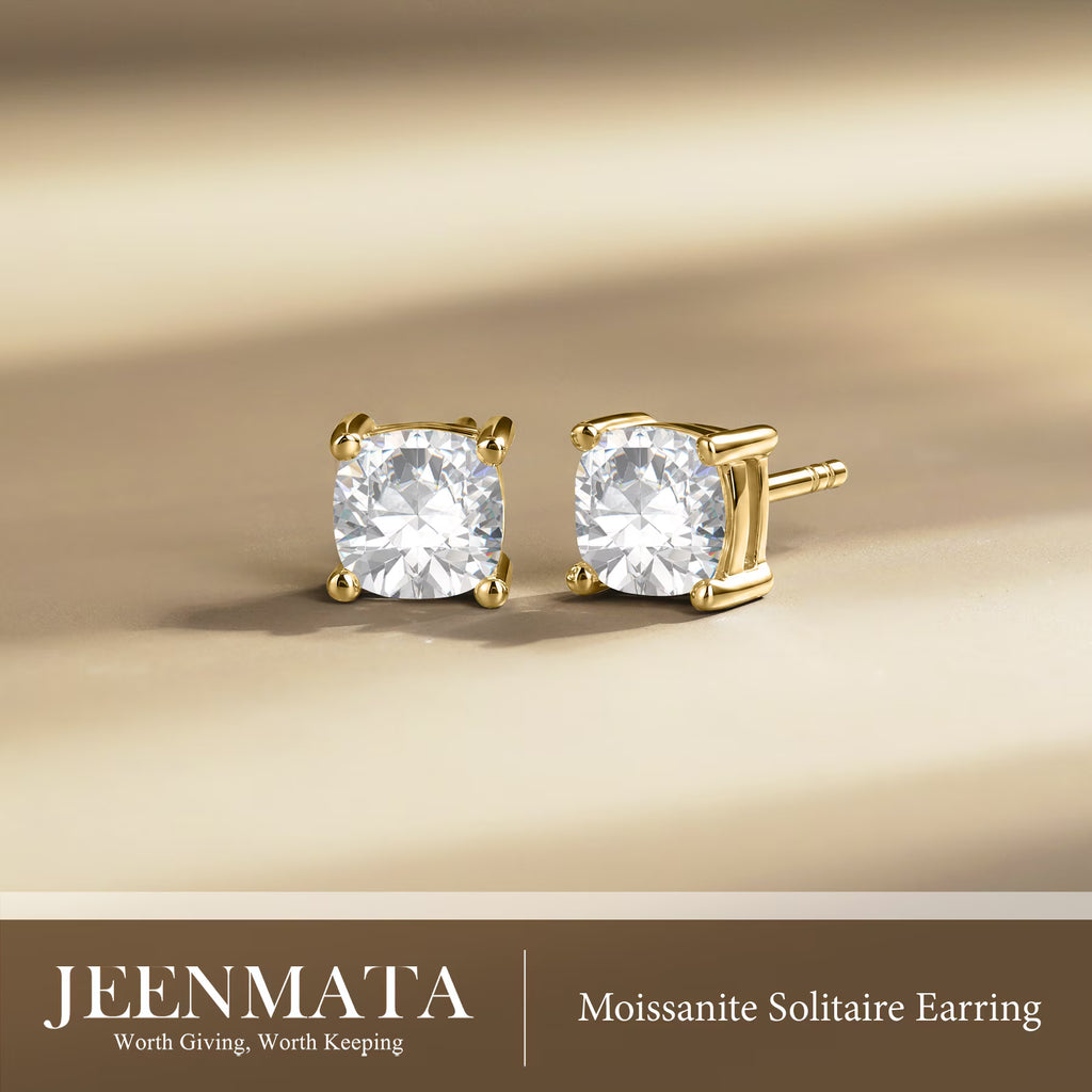 JeenMata 0.5 Carat Cushion Cut Moissanite 4 Prong Solitaire Stud Earrings in 18k Yellow Gold Plating for Women