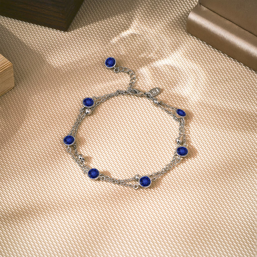 JeenMata 3.5 Carat September Royal Blue Sapphire Birthstone Double Layer Bracelet - in White Gold Plating for Women
