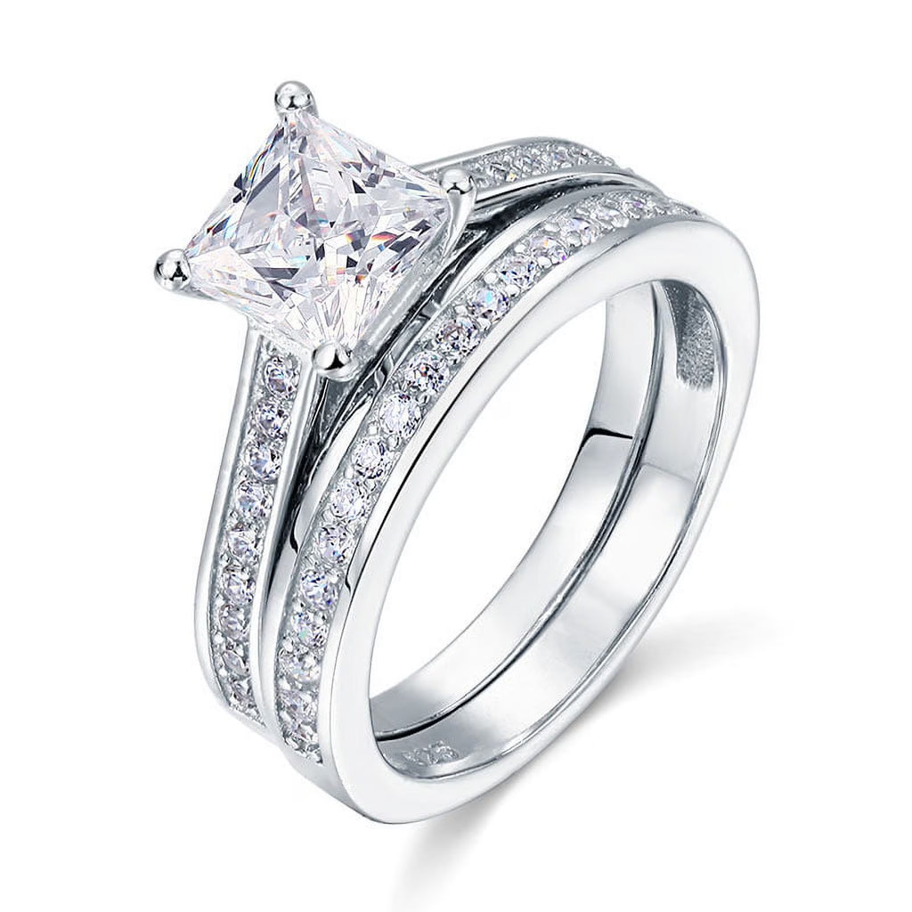 JeenMata 2 Carat Princess Cut Moissanite Wedding Set - Bridal Set - Channel Set Ring - Unique Ring - 18k White Gold Over Silver