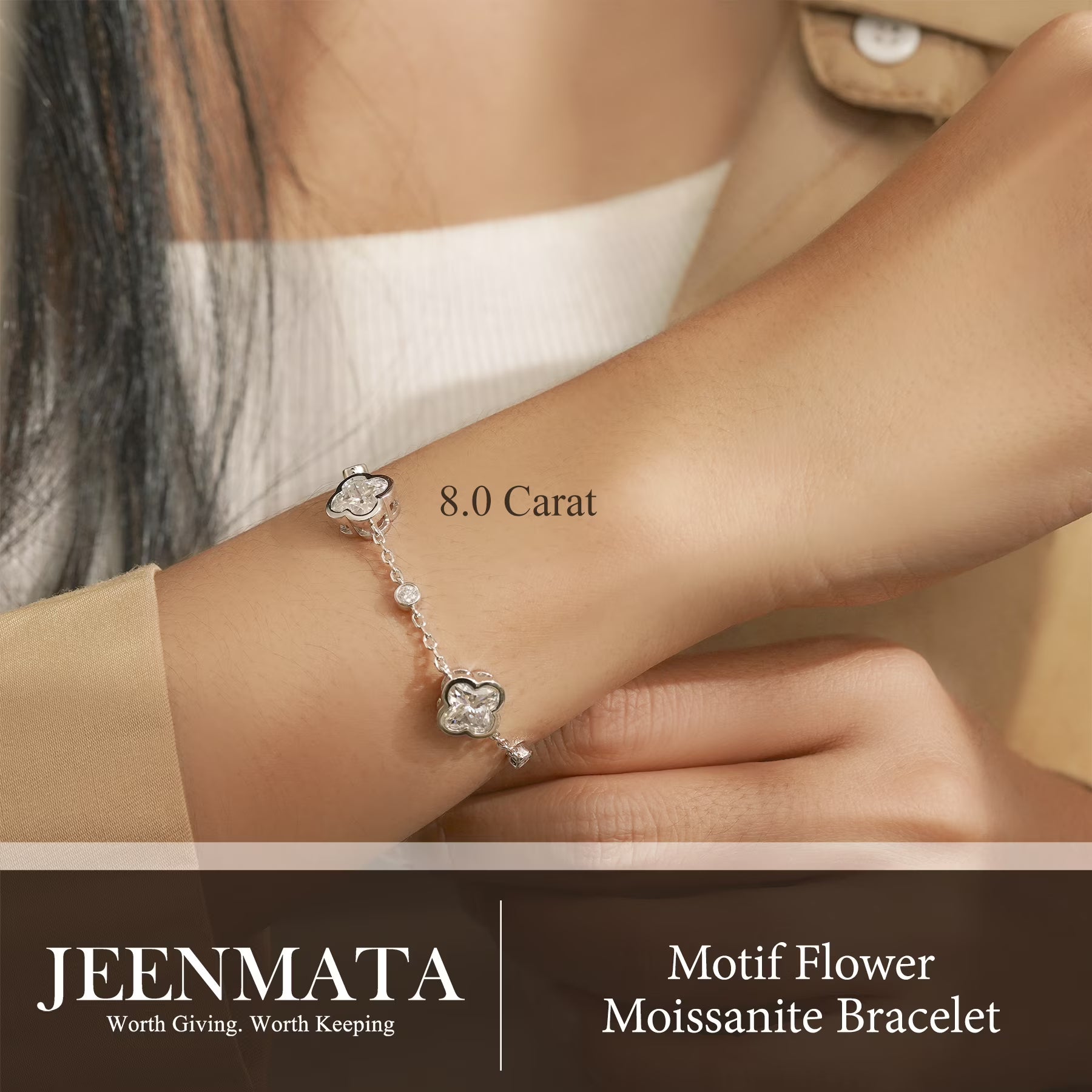 JeenMata 8 Carat Elegant Flower Moissanite Bracelet - Motif Bracelet in 18K White Gold Plating for Women
