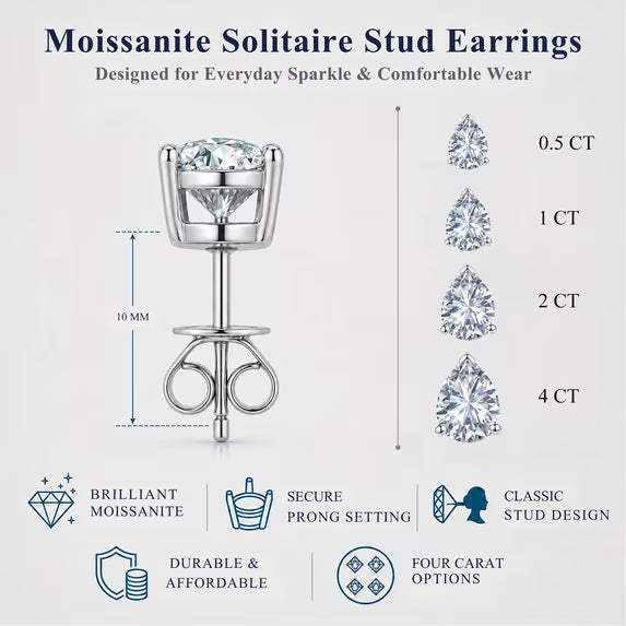 JeenMata 0.5 Carat Pear Solitaire Moissanite Stud Earrings for Women, Earrings for Men, 18K White Gold Plated, Hypoallergenic Earrings, D VS1, Stud Earring for Woman, Jewelry, Gift, Earrings