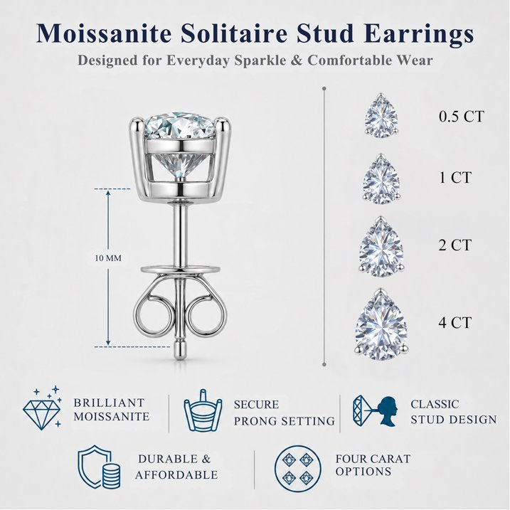 JeenMata 2 Carat Pear Solitaire Moissanite Stud Earrings for Women, Earrings for Men, 18K White Gold Plated, Hypoallergenic Earrings, D VS1, Stud Earring for Woman, Jewelry, Gift, Earrings