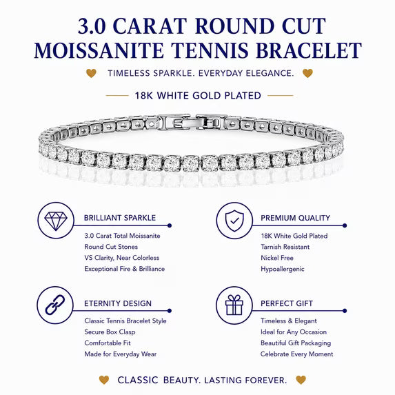 JeenMata Classic 5.5 TCW Round Cut Moissanite Tennis Bracelet Eternity Design in 18K White Gold over Silver