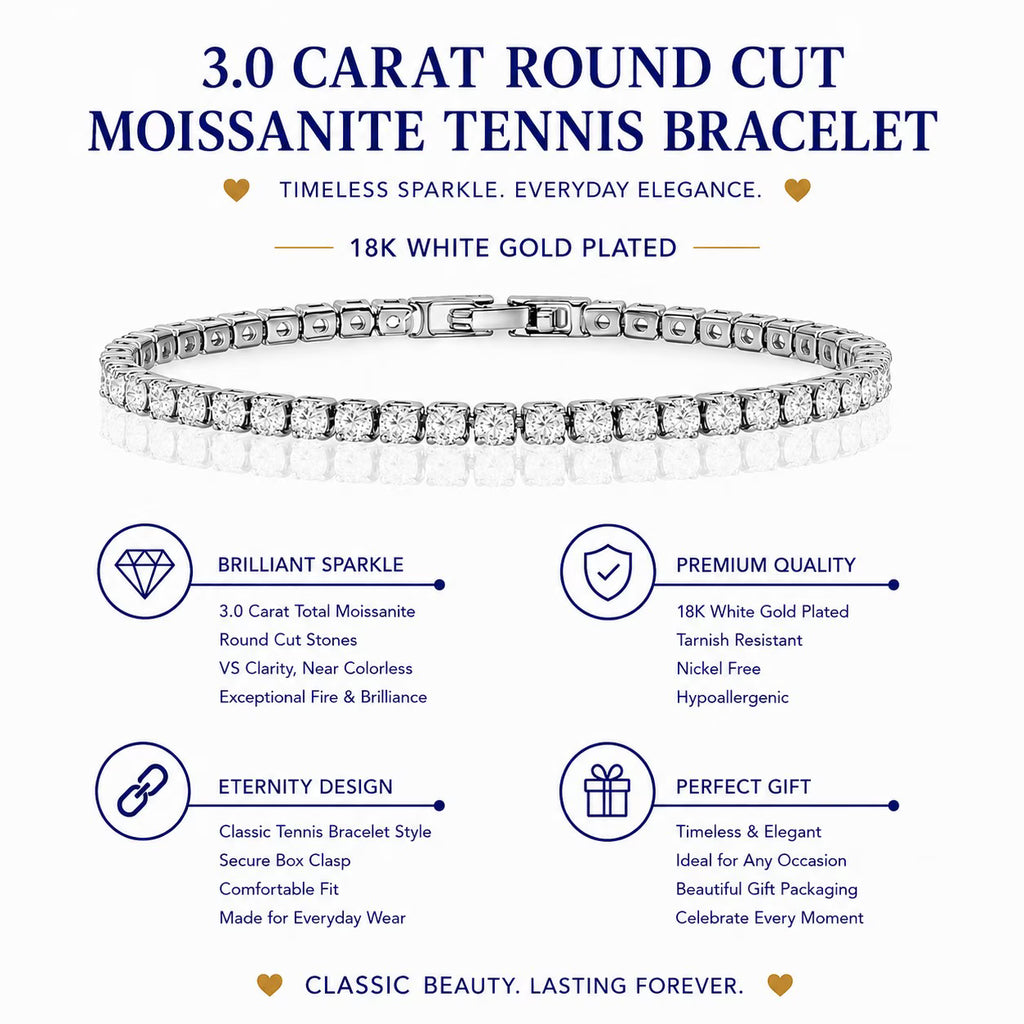 JeenMata 3 Carat Round Cut Moissanite Tennis Bracelet Eternity Design in 18K White Gold over Silver, Female, Adult