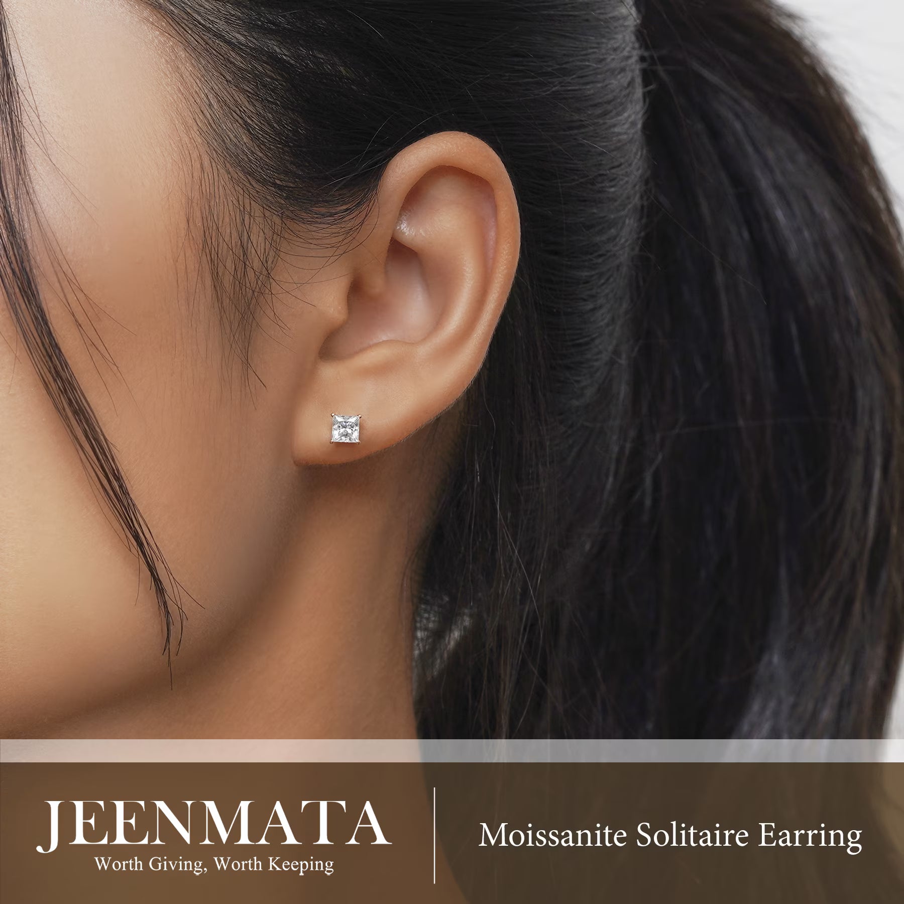 JeenMata 0.5 Carat Princess Cut Moissanite 4 Prong Solitaire Stud Earrings in 18k Rose Gold Plating for Women