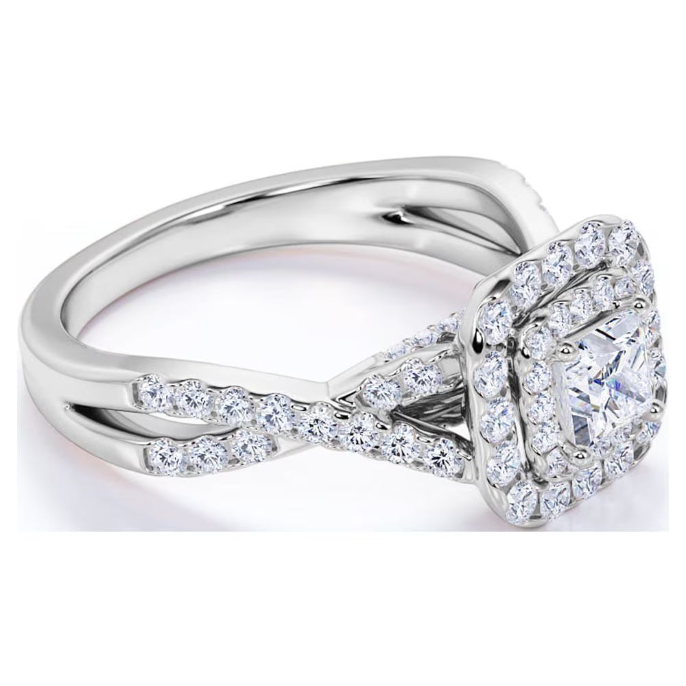JeenMata Elegant Square Cut Lab Grown Diamond - Twisted Band - Pave - Double Halo Engagement Ring - 10K White Gold