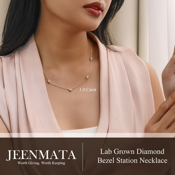JeenMata 1 Carat Lab Grown Diamond Five Stone Bezel Station Necklaces - in 18K Yellow Gold Plating Necklace for Women, Female, Adult
