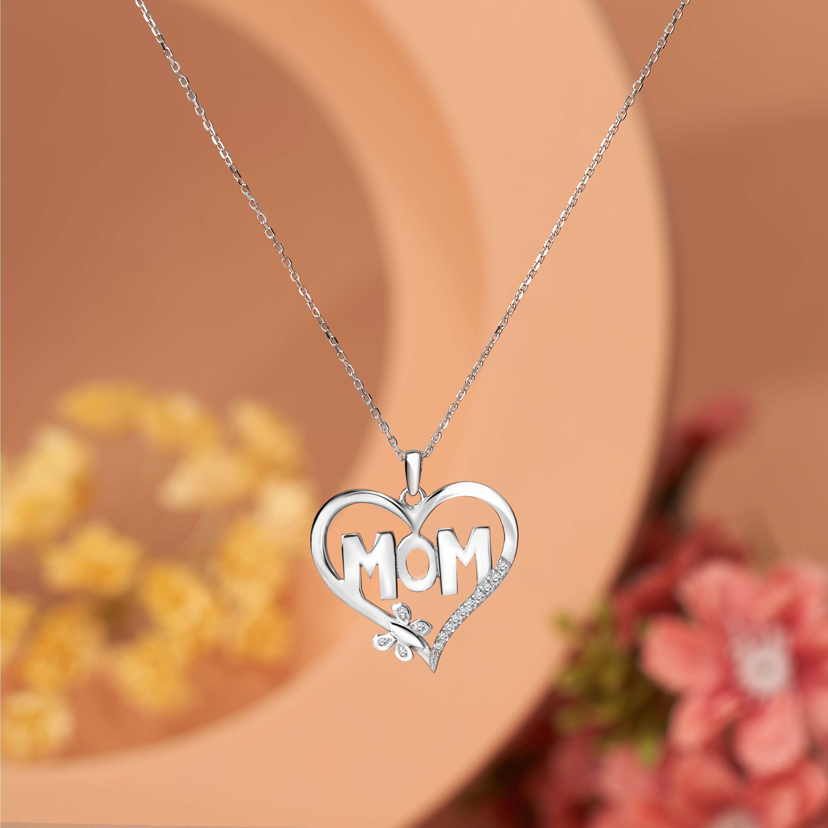 JeenMata Heart and Butterfly Mom Diamond Pendant Necklace in 18K White Gold over Silver