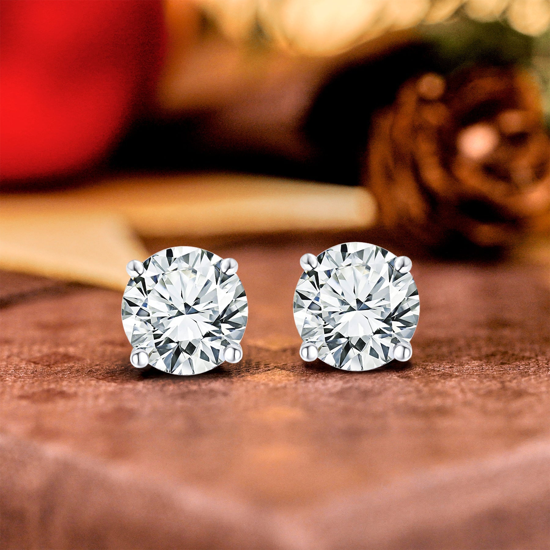 JeenMata 1 Carat Round Moissanite - 4 Prong Solitaire Stud Earrings in 18k White Gold Plating for Women