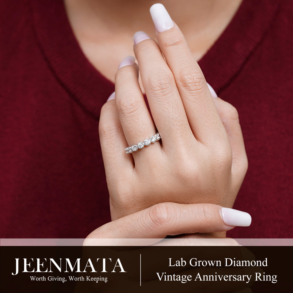 JeenMata Lab Grown Diamond Round Prong Set Vintage Anniversary Ring in 18K White Gold Plated for Women