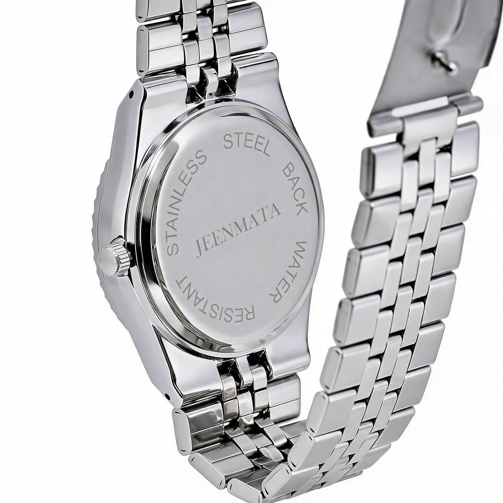 JeenMata Men’s Stainless Steel Fluted Bezel Watch, Water-Resistant Black Patterned Dial with Date & Cyclops Lens
