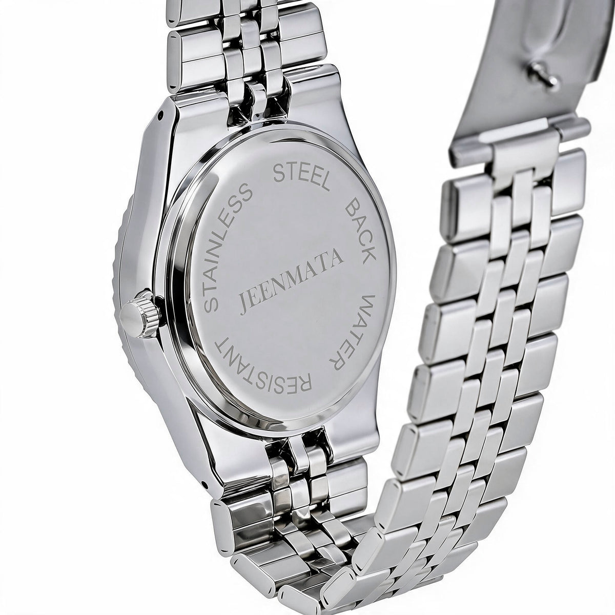 JeenMata Men’s Stainless Steel Fluted Bezel Watch, Water-Resistant Black Patterned Dial with Date & Cyclops Lens