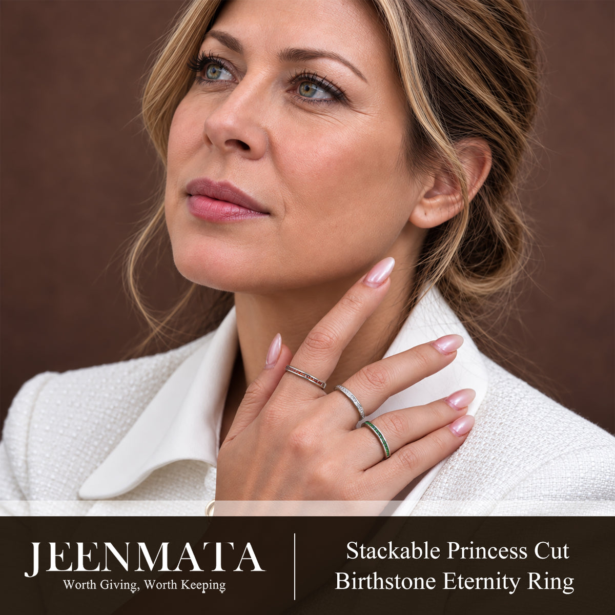 JeenMata 0.25 Carat Princess Cut April Birthstone Wedding Band - Pave Channel Band - 18K White Gold Plating for Women