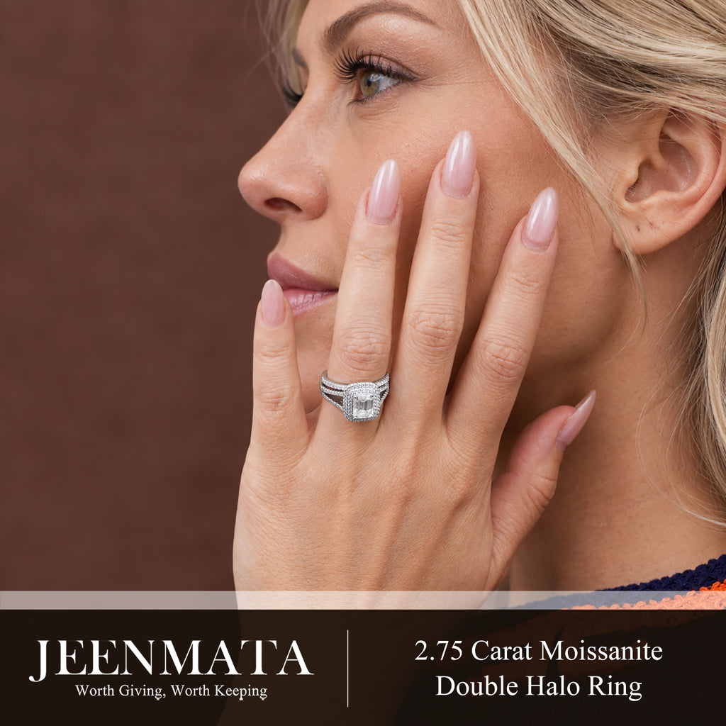 JeenMata 2.75 Carat Emerald Cut Moissanite Double Halo Split Shank Engagement Ring Set in 18K White Gold Plated for Women