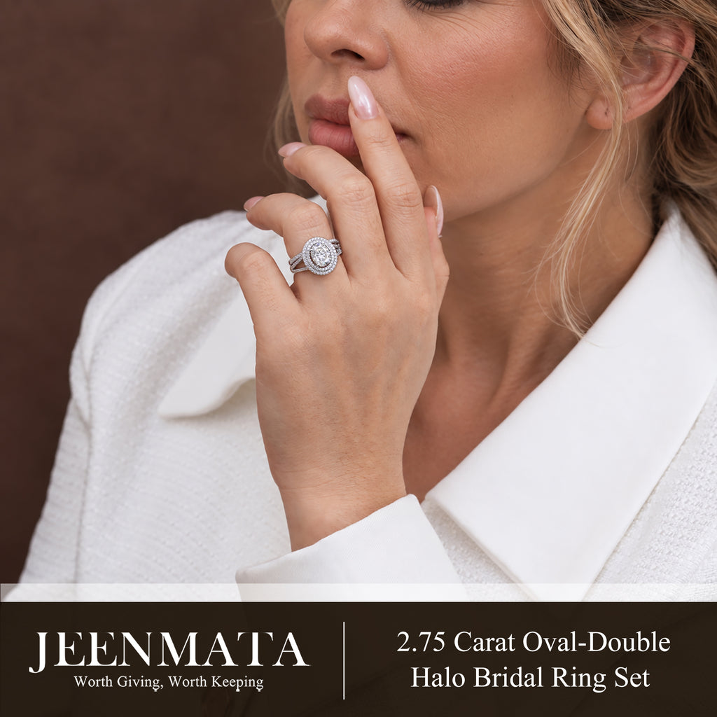 JeenMata 2.75 Carat Oval Cut Moissanite Double Halo Split Shank Engagement Ring Set in 18K White Gold Plated for Women