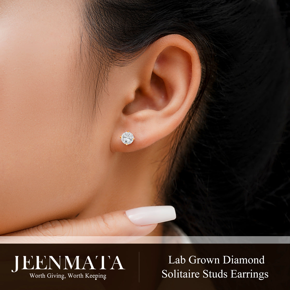 JeenMata Lab Grown Diamond Earrings 1 Carat Round Cut 18K Yellow Gold Plated Solitaire Studs for Women
