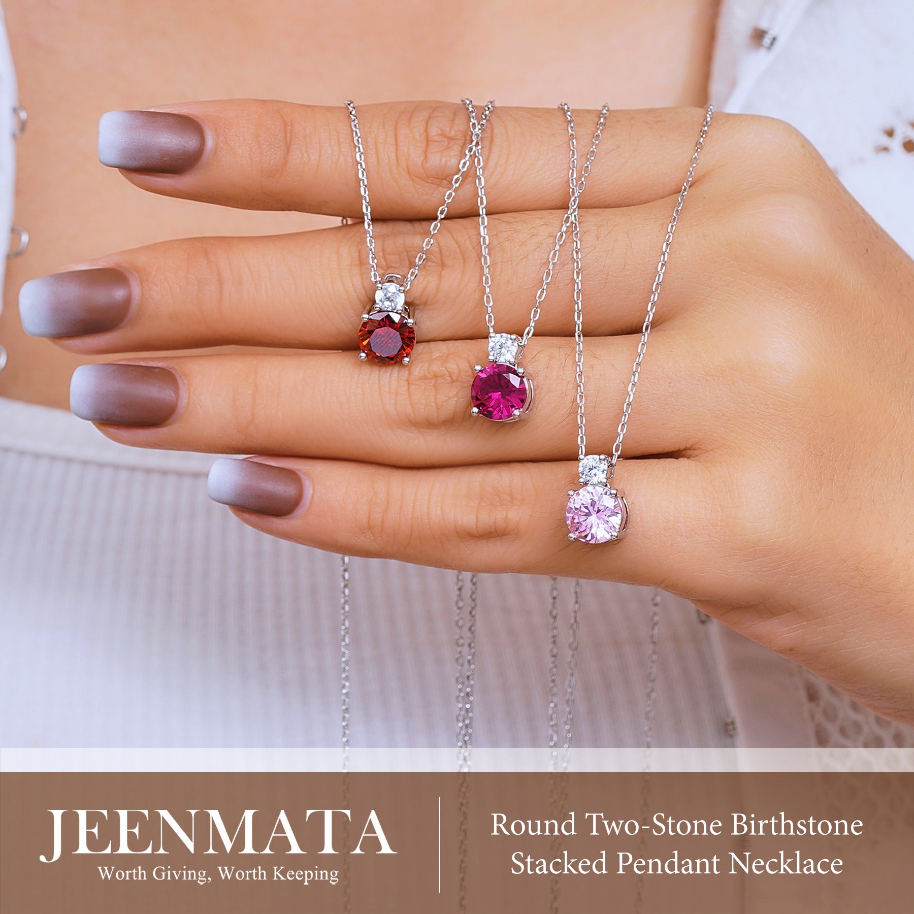 JeenMata 3.75 Carat July Ruby Birthstone Necklace - Dangling Round Cut Necklace Pendant in White Gold Plating for Women