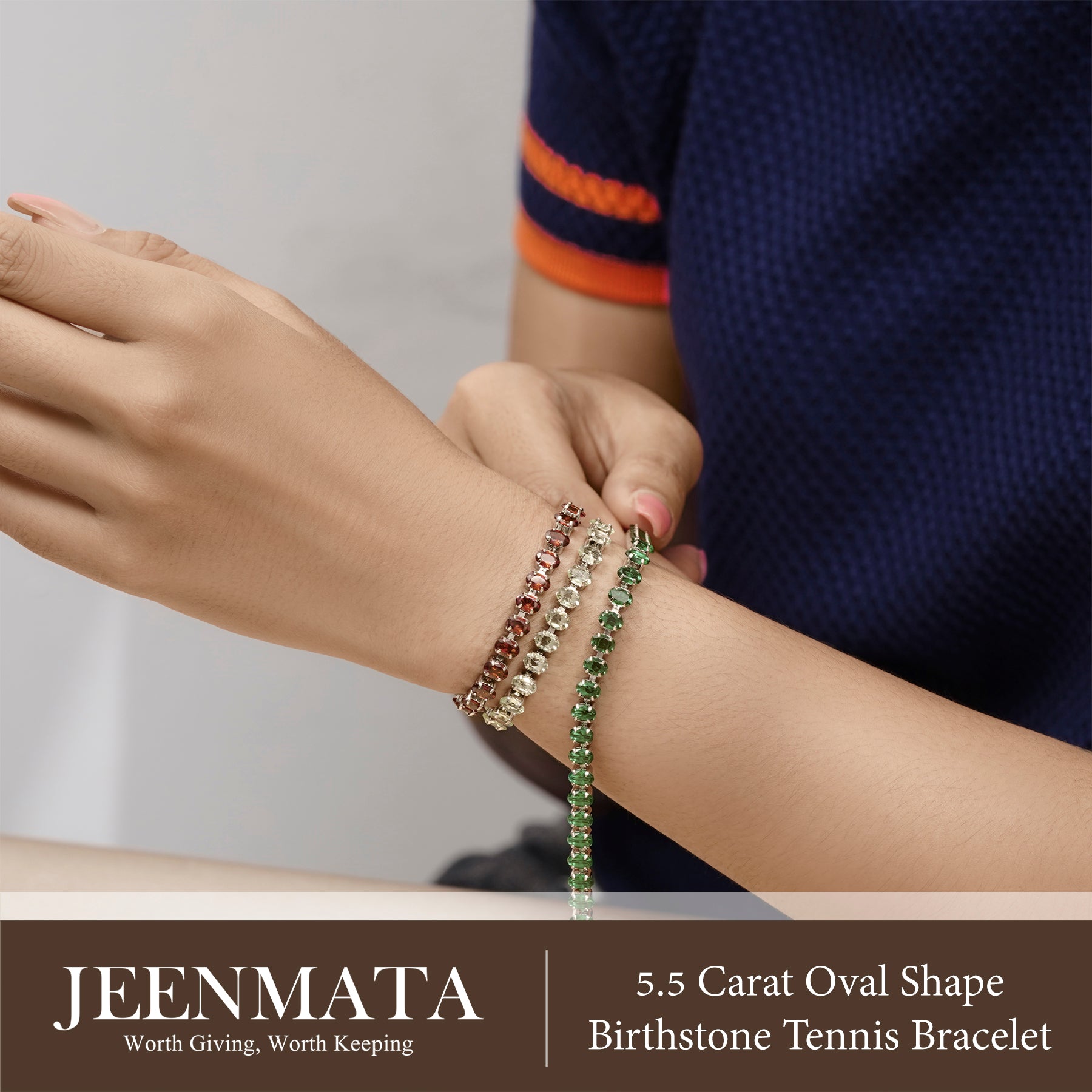 JeenMata 5.5 Carat April Cubic Zirconia - Oval Cut Birthstone Tennis Bracelet Eternity Design - White Gold Plating, Female, Adult