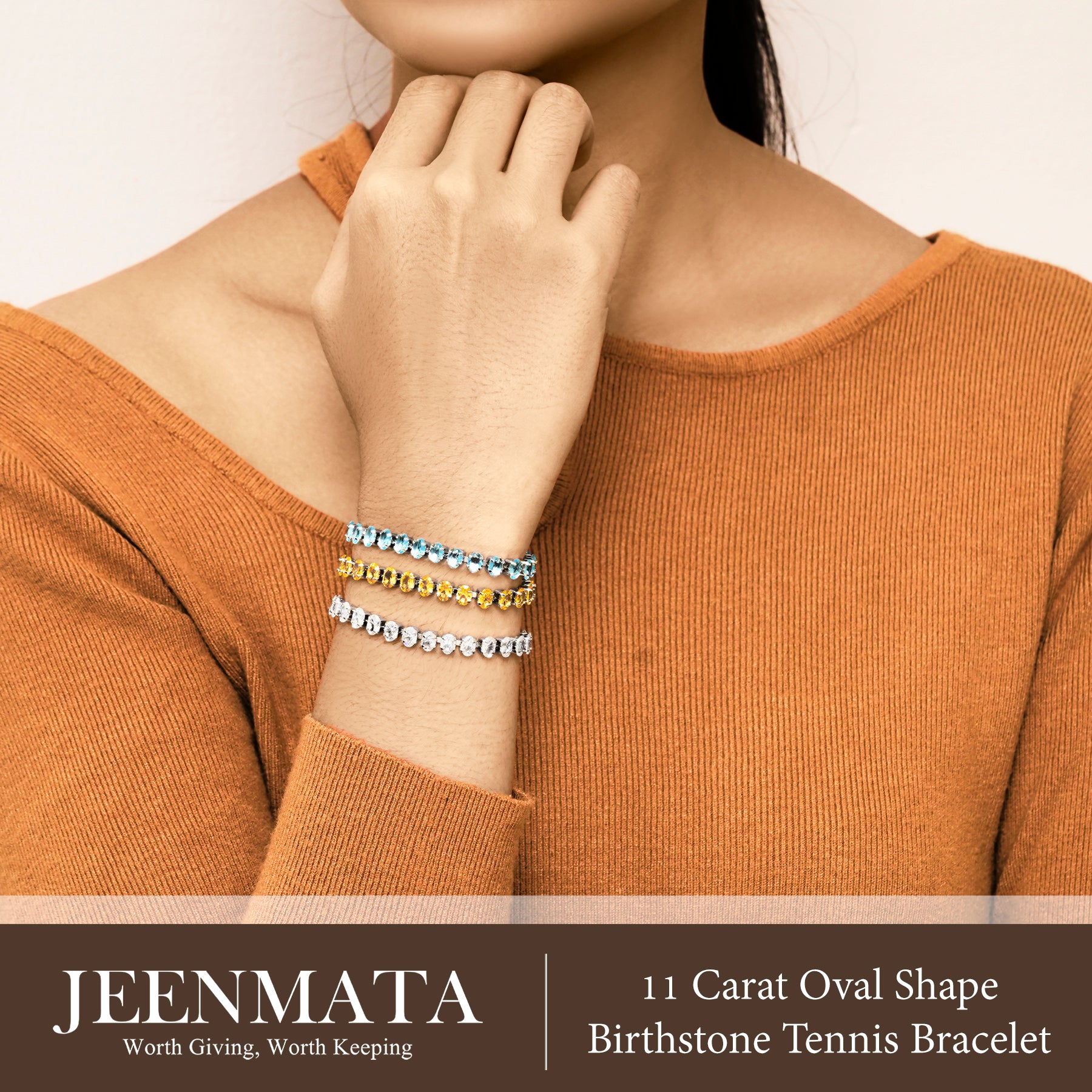 JeenMata 11 TCW April Cubic Zirconia - Oval Cut Birthstone Tennis Bracelet for Women in Eternity Design - White Gold Plating, Female, Adult