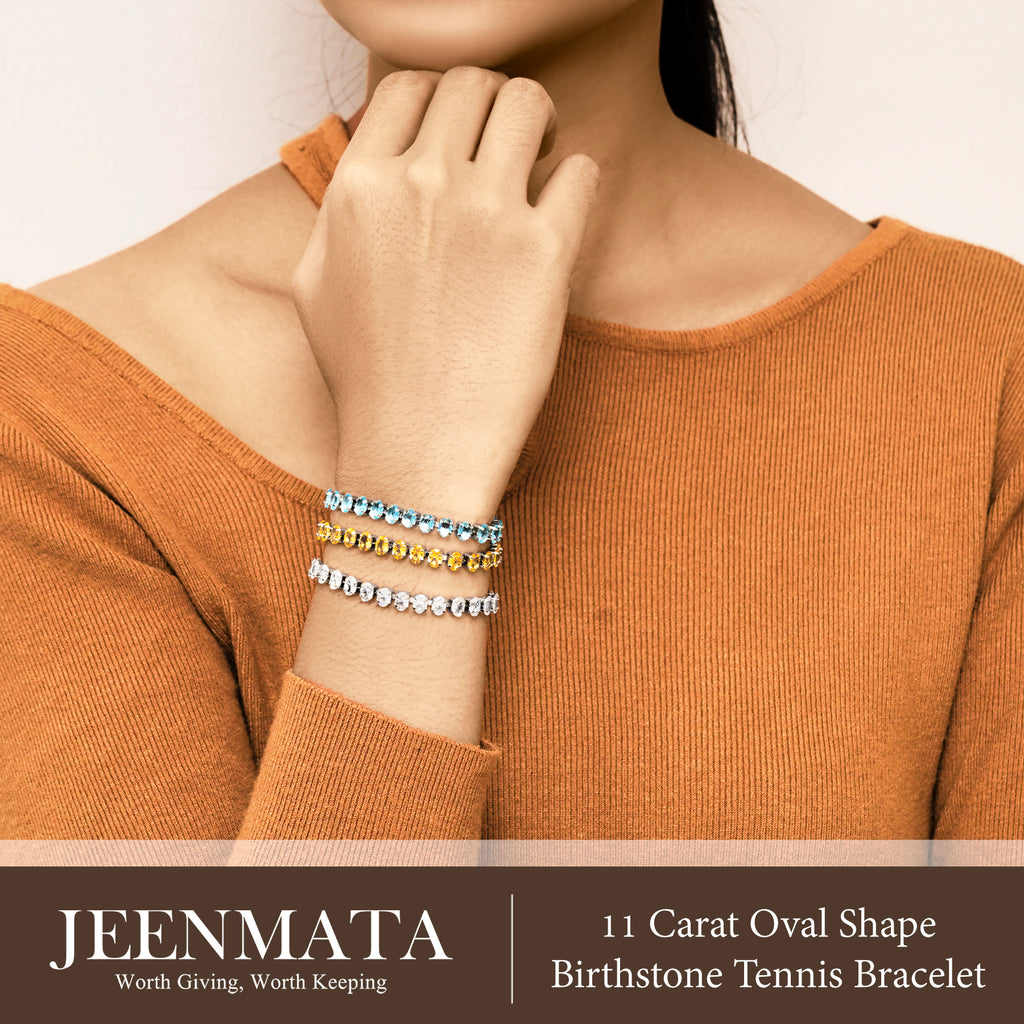 JeenMata 11 TCW March Aquamarine - Oval Cut Birthstone Tennis Bracelet for Women in Eternity Design - White Gold Plating, Female, Adult