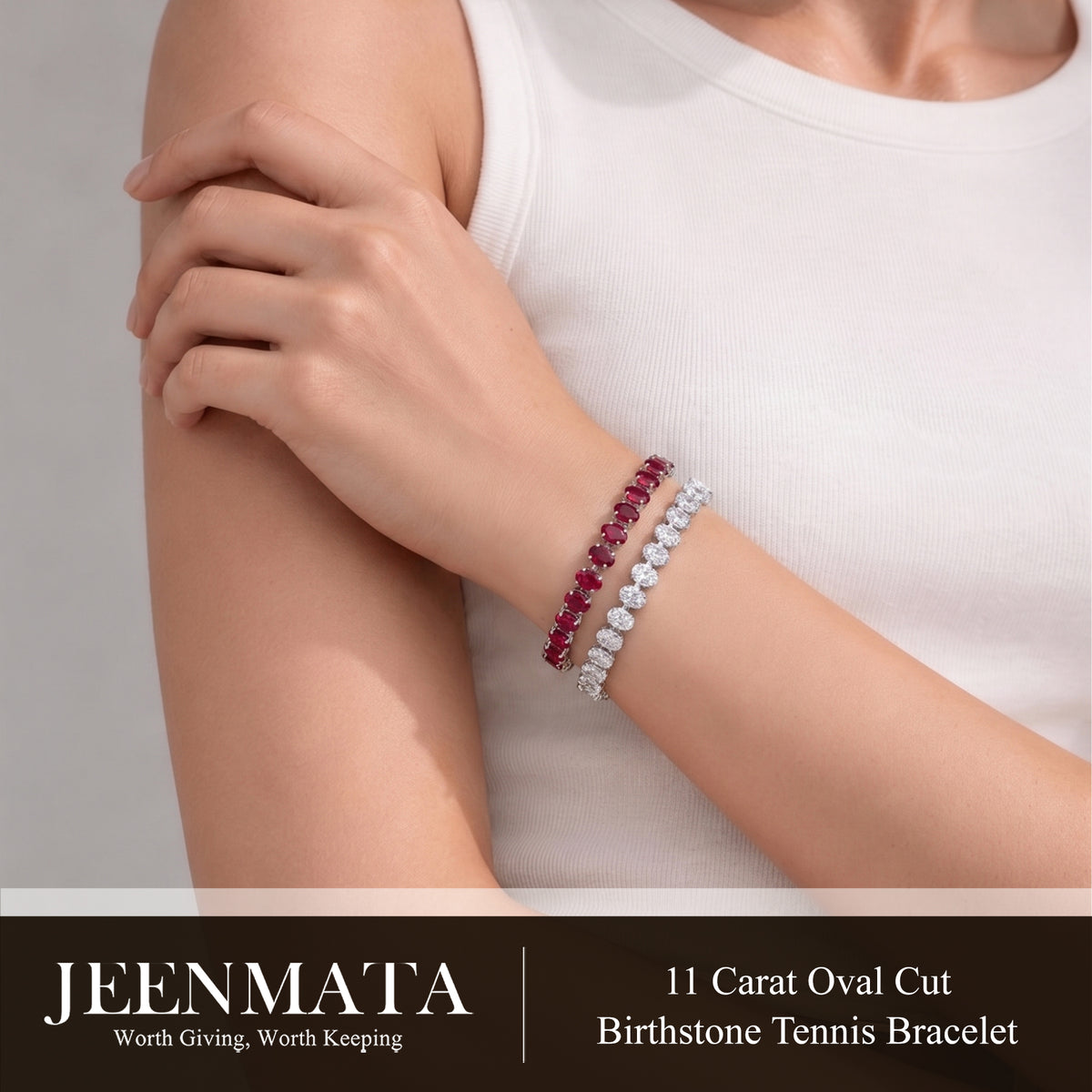 JeenMata 11 TCW Black Cubic Zirconia - Oval Cut Birthstone Tennis Bracelet for Women in Eternity Design - White Gold Plating, Female, Adult