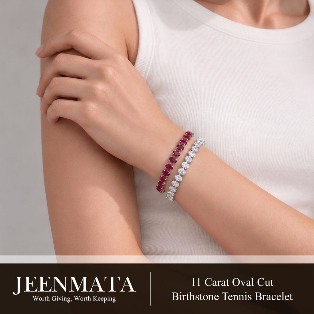 JeenMata 11 TCW February Amethyst - Oval Cut Birthstone Tennis Bracelet for Women in Eternity Design - White Gold Plating, Female, Adult