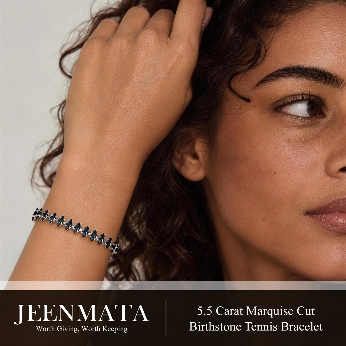 JeenMata 5.5 Carat Black Cubic Zirconia - Marquise Cut Birthstone Tennis Bracelet Eternity Design - White Gold Plating, Female, Adult