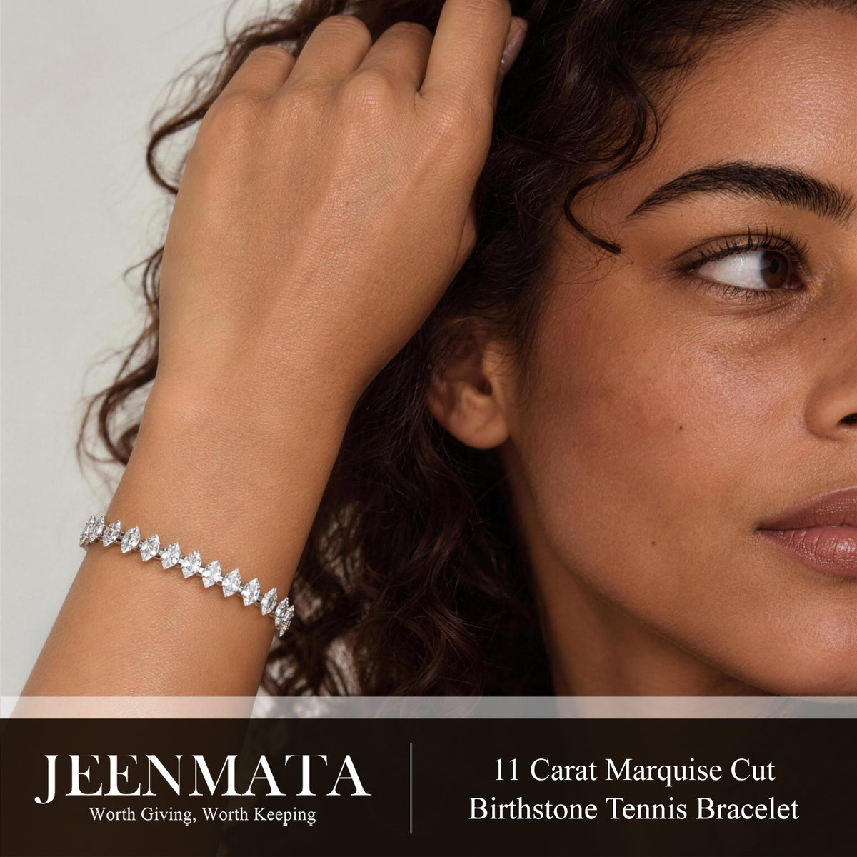 JeenMata 11 TCW April Cubic Zirconia - Marquise Cut Birthstone Tennis Bracelet for Women in Eternity Design - White Gold Plating, Female, Adult