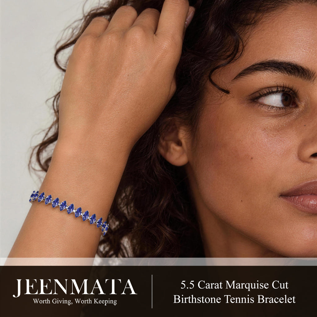 JeenMata 5.5 Carat June Alexandrite - Marquise Cut Birthstone Tennis Bracelet Eternity Design - White Gold Plating, Female, Adult