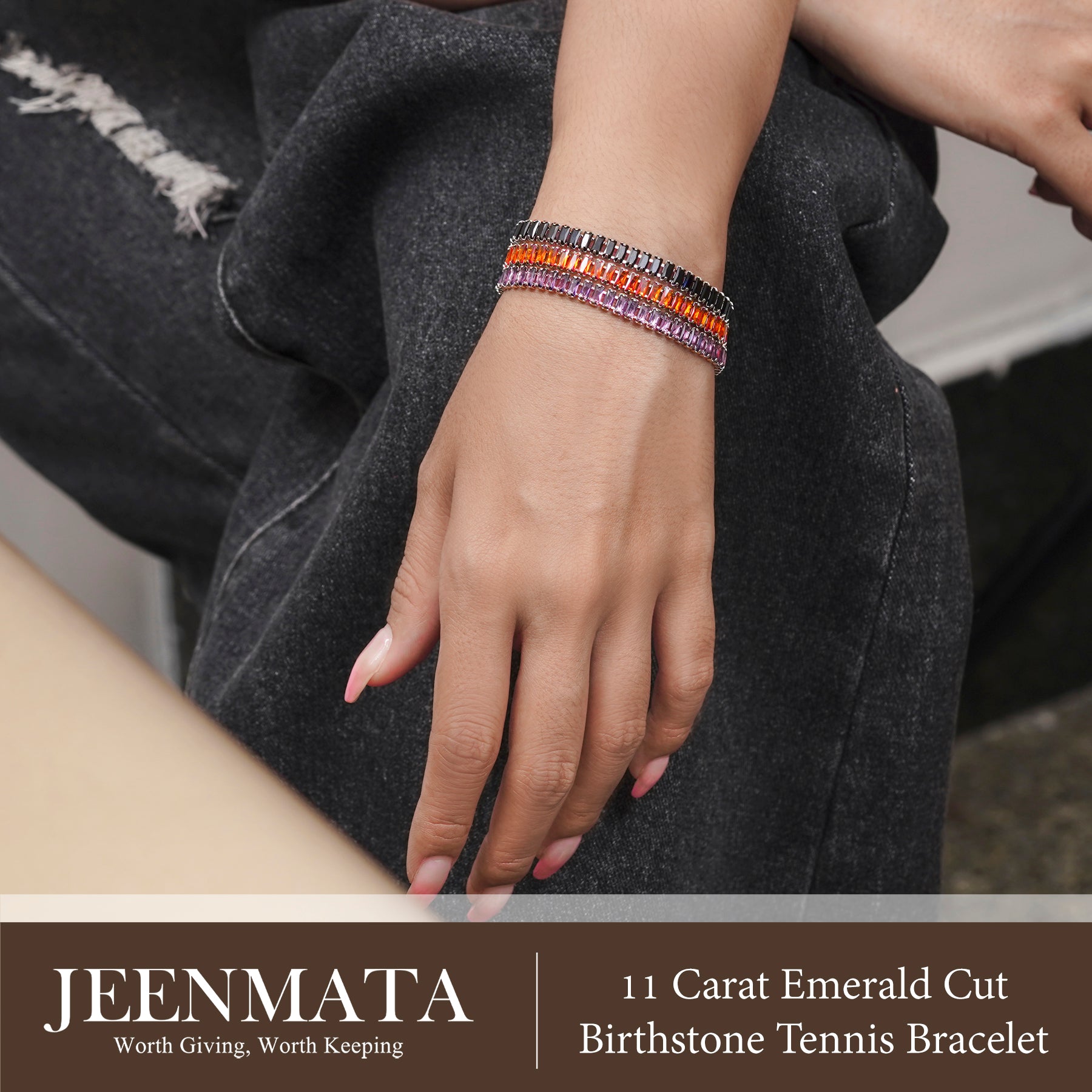 JeenMata 11 TCW May Emerald - Emerald Cut Birthstone Tennis Bracelet for Women in Eternity Design - White Gold Plating, Female, Adult
