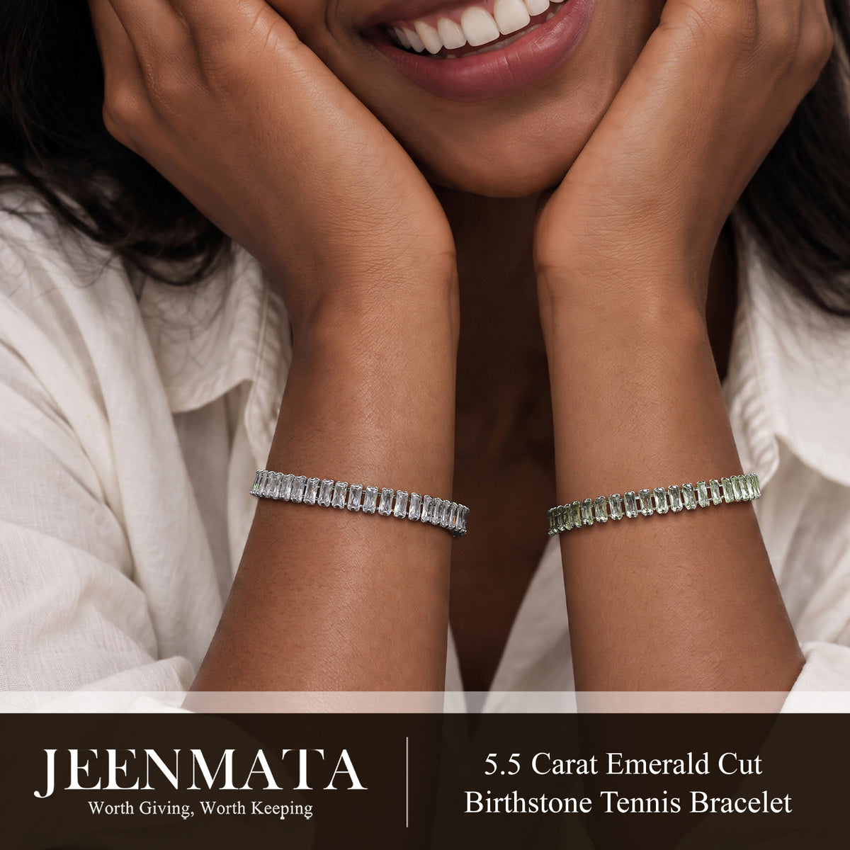 JeenMata 5.5 Carat September Blue Sapphire - Emerald Cut Birthstone Tennis Bracelet Eternity Design - White Gold Plating, Female, Adult