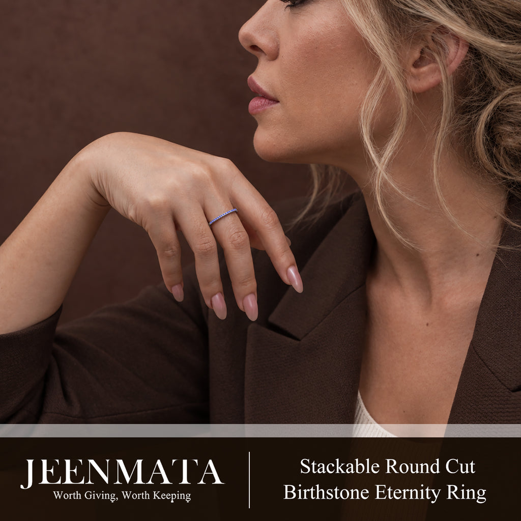JeenMata Pave Accented - 0.25 Carat Round Cut -June Birthstone- Classic Wedding Band - 18K White Gold Plating for Women