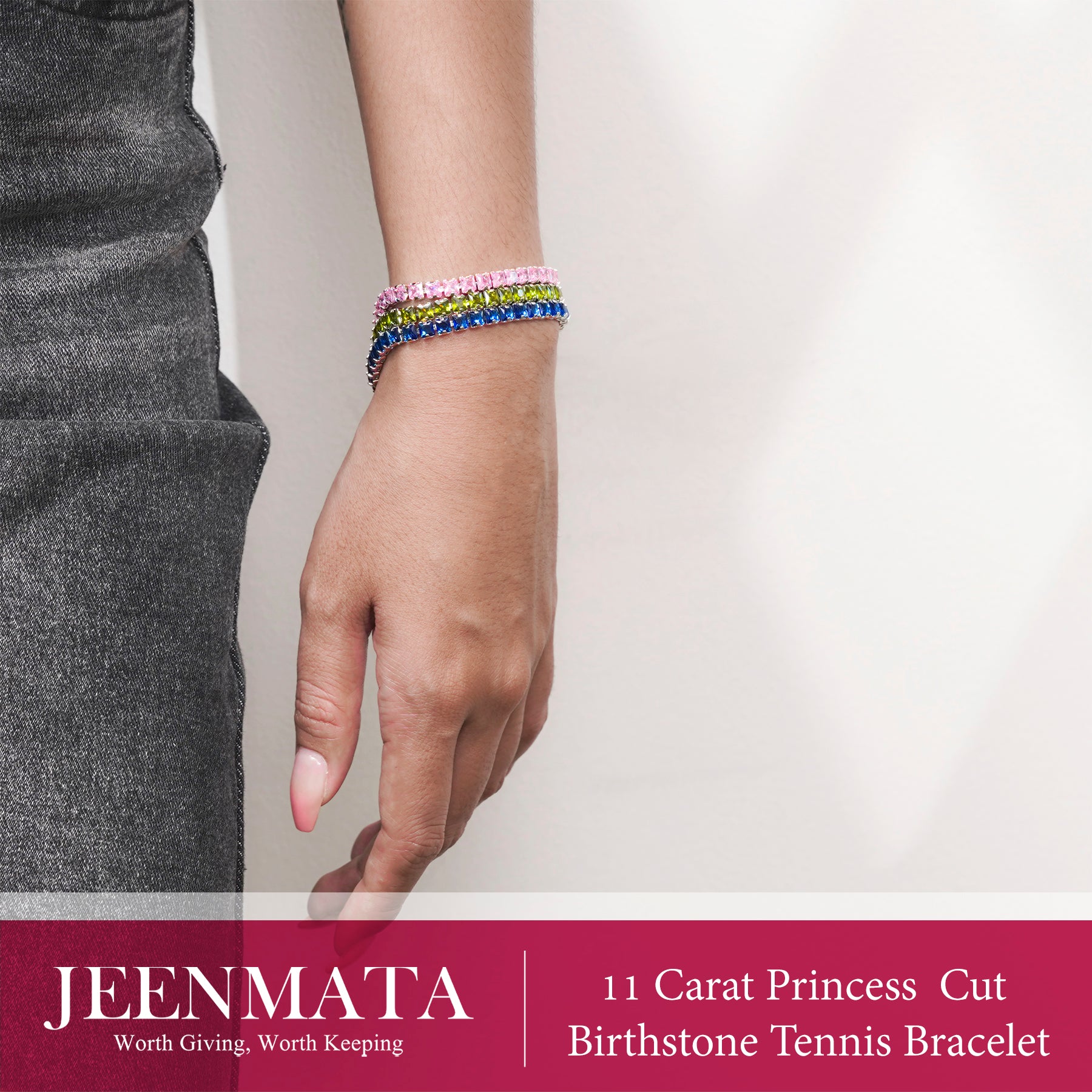 JeenMata 11 Carat July Ruby - Princess Cut Birthstone Tennis Bracelet for Women Eternity Design - White Gold Plating, Birthday, Anniversary, Valentine's Day Gift